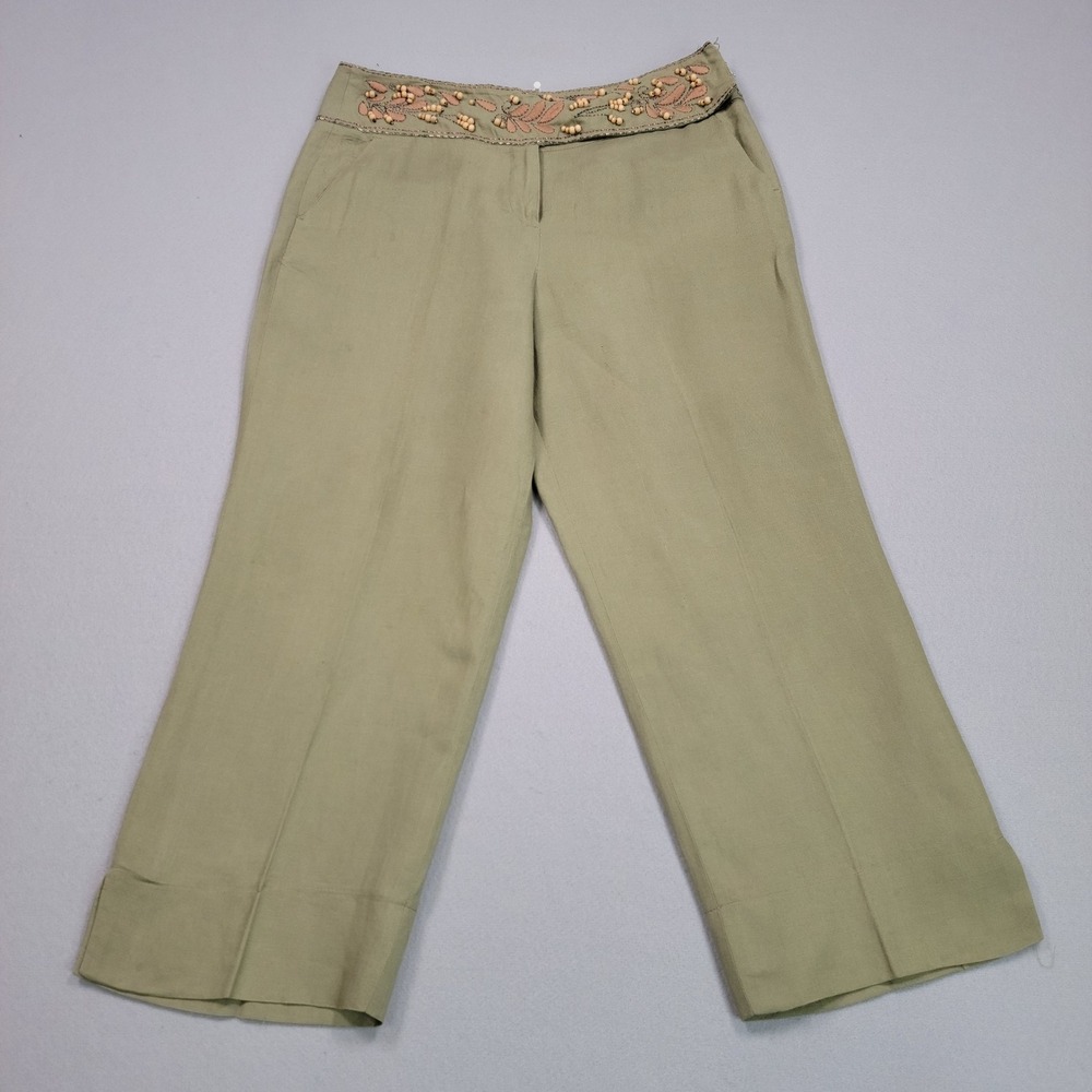 Larry Levine Sport Sage Green Beaded‎ Waist Linen Blend Crop Pants Size 10 Linen